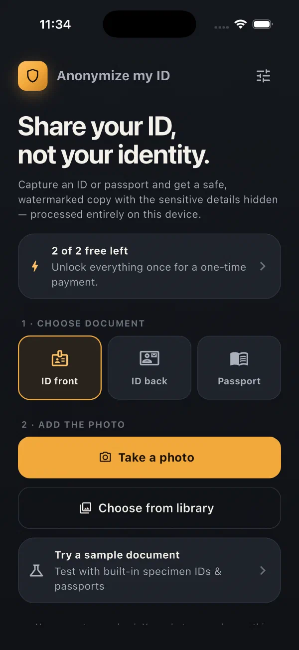 Anonymize my ID app home screen