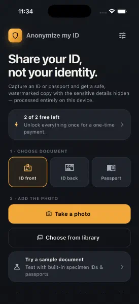 Anonymize my ID app home screen